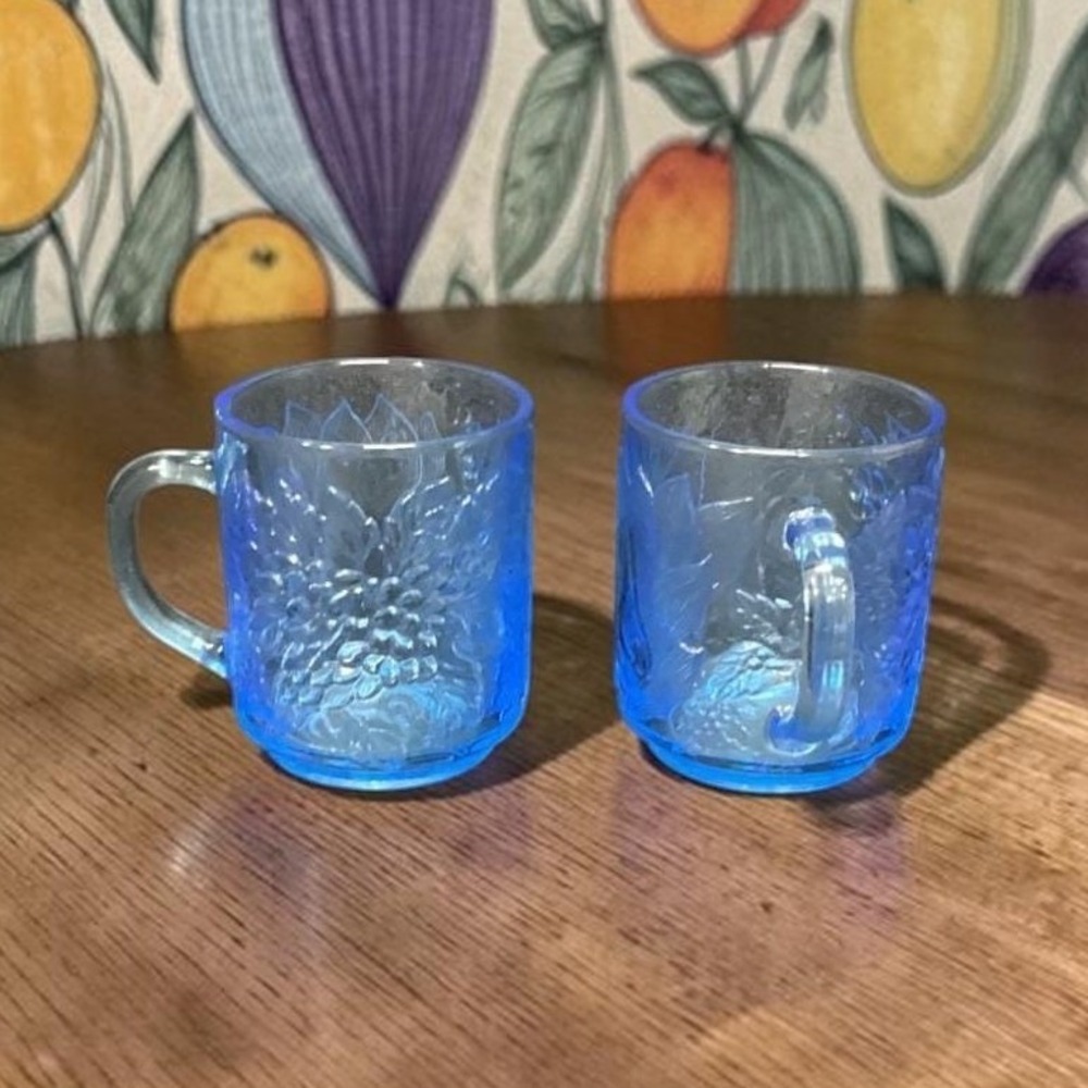 Kig Indonesia Blue Glass Cups, Set Of 2, Vintage Embossed Fruit Design Drinkware